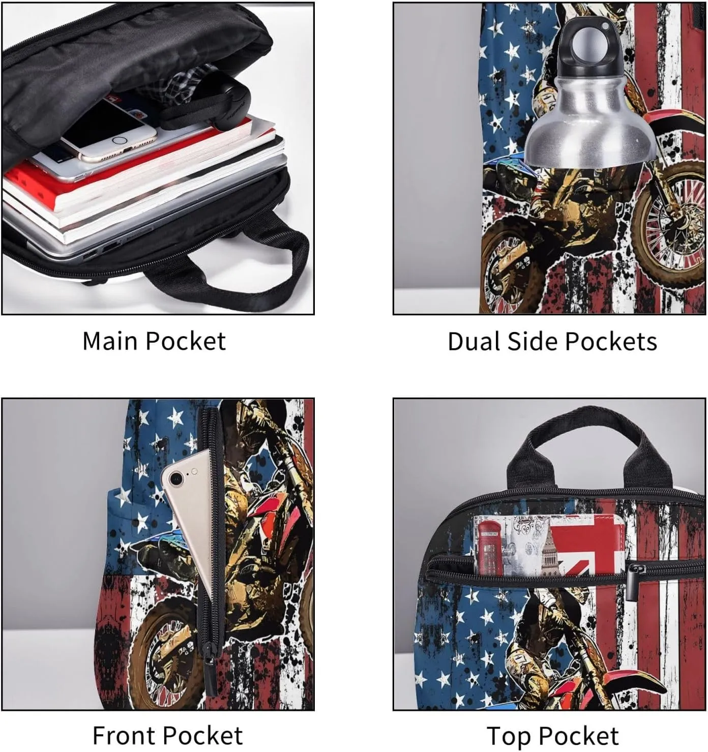 Dirt Bike Racing Motocross Race American Flag Casual Backpacks Laptop Backpack Outdoor Travel Rucksack Sport Carry-On Daypack Lightweight Bag with Multi-Pockets