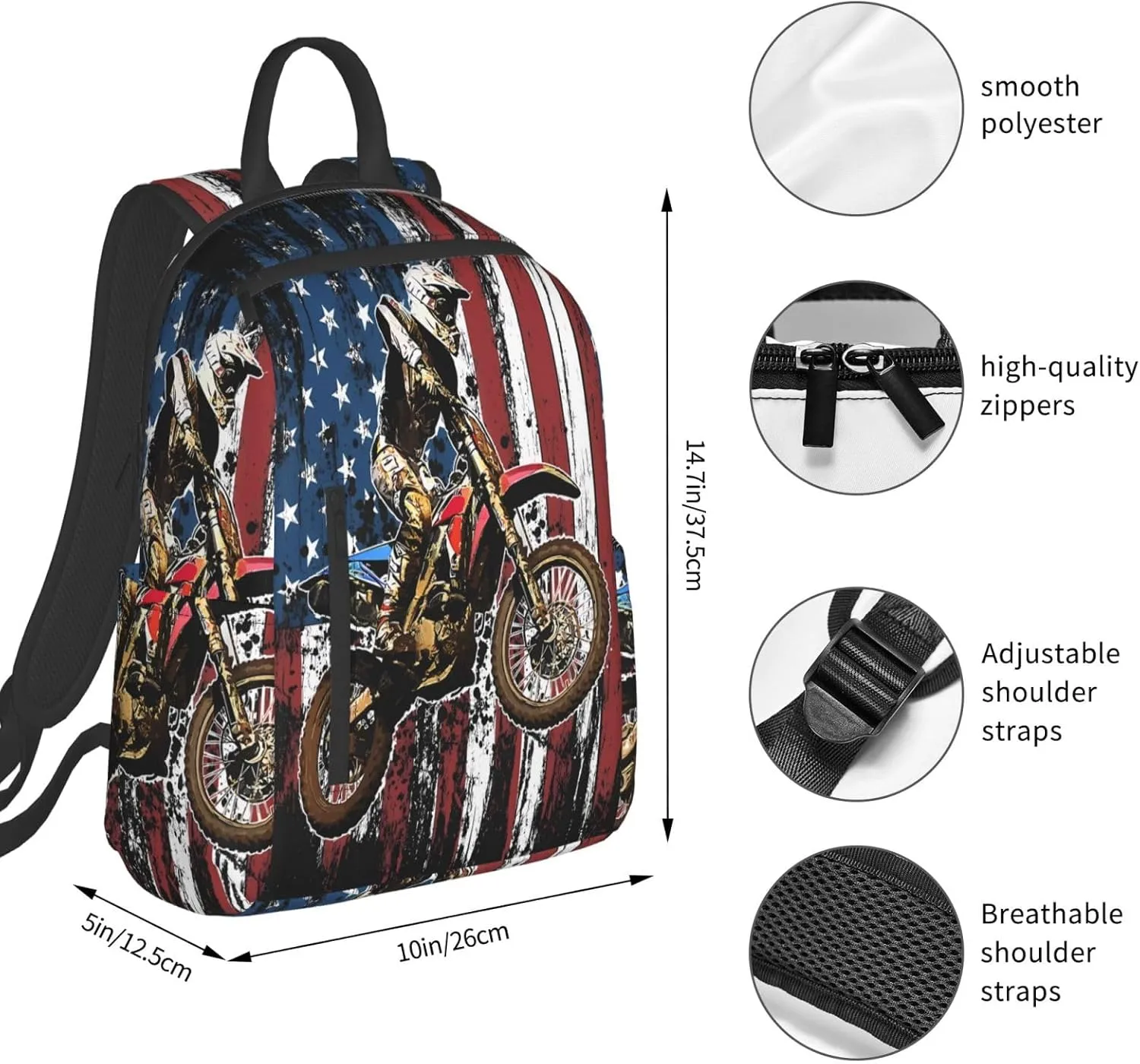 Dirt Bike Racing Motocross Race American Flag Casual Backpacks Laptop Backpack Outdoor Travel Rucksack Sport Carry-On Daypack Lightweight Bag with Multi-Pockets