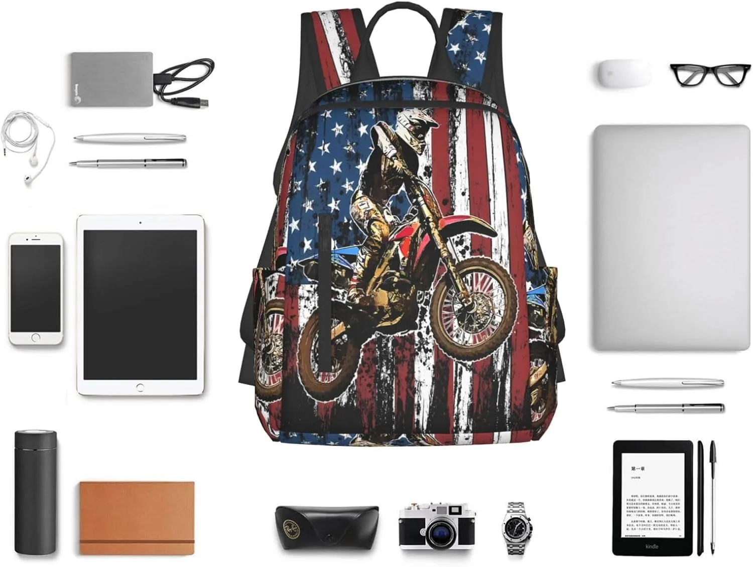 Dirt Bike Racing Motocross Race American Flag Casual Backpacks Laptop Backpack Outdoor Travel Rucksack Sport Carry-On Daypack Lightweight Bag with Multi-Pockets