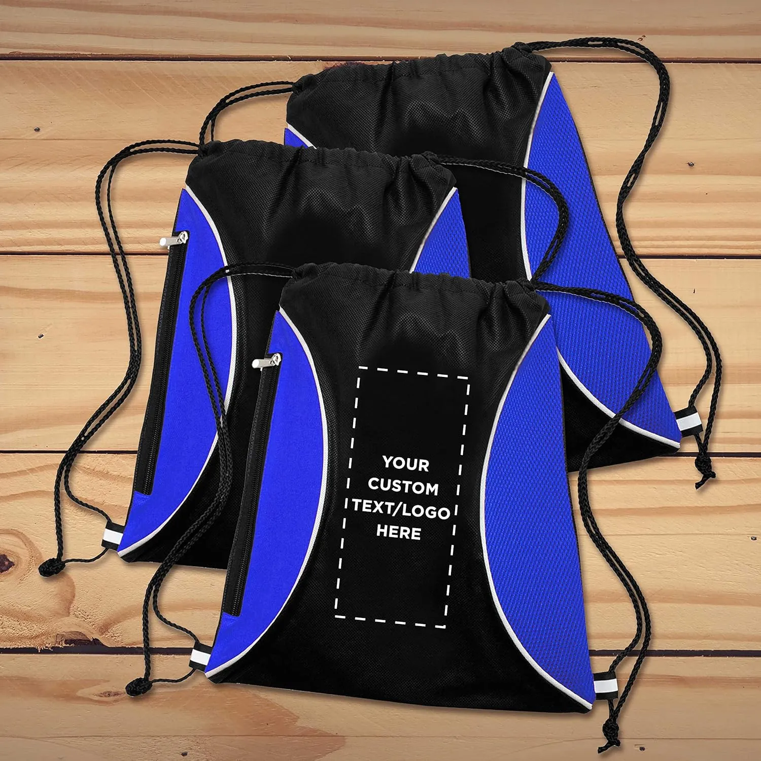 DISCOUNT PROMOS 10 Zipper Side Drawstring Backpacks Set - Customizable Text, Logo - Two tone, Minimalist, Black Ink - Blue