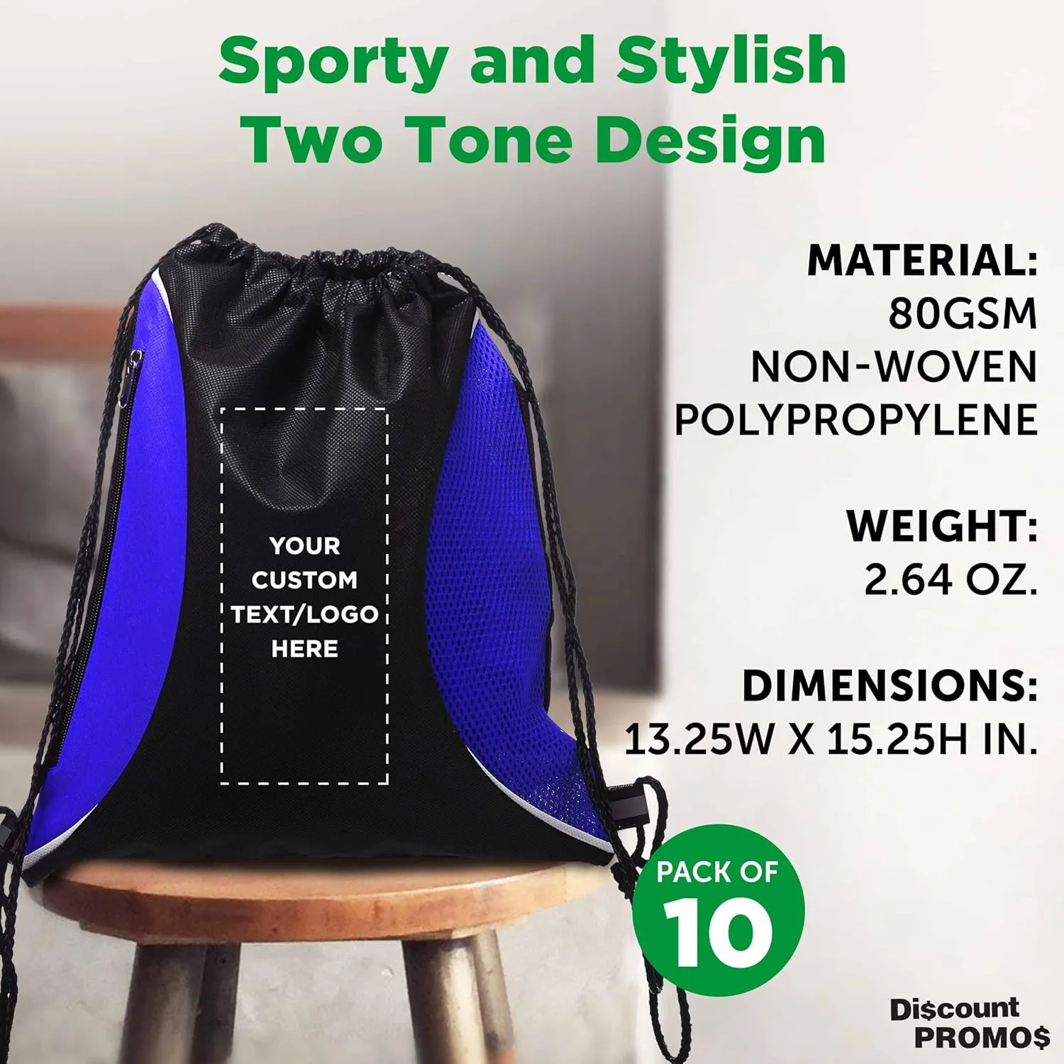 DISCOUNT PROMOS 10 Zipper Side Drawstring Backpacks Set - Customizable Text, Logo - Two tone, Minimalist, Black Ink - Blue