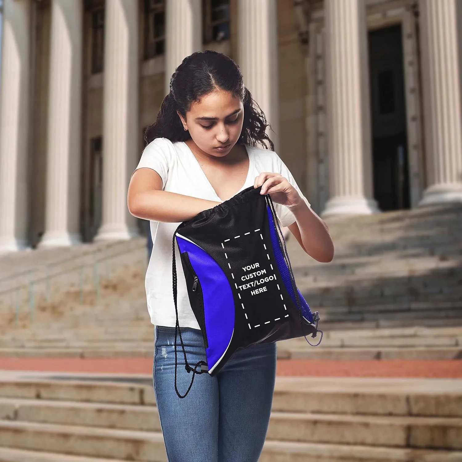 DISCOUNT PROMOS 10 Zipper Side Drawstring Backpacks Set - Customizable Text, Logo - Two tone, Minimalist, Black Ink - Blue