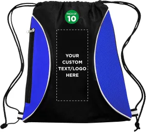 DISCOUNT PROMOS 10 Zipper Side Drawstring Backpacks Set - Customizable Text, Logo - Two tone, Minimalist, Black Ink - Blue