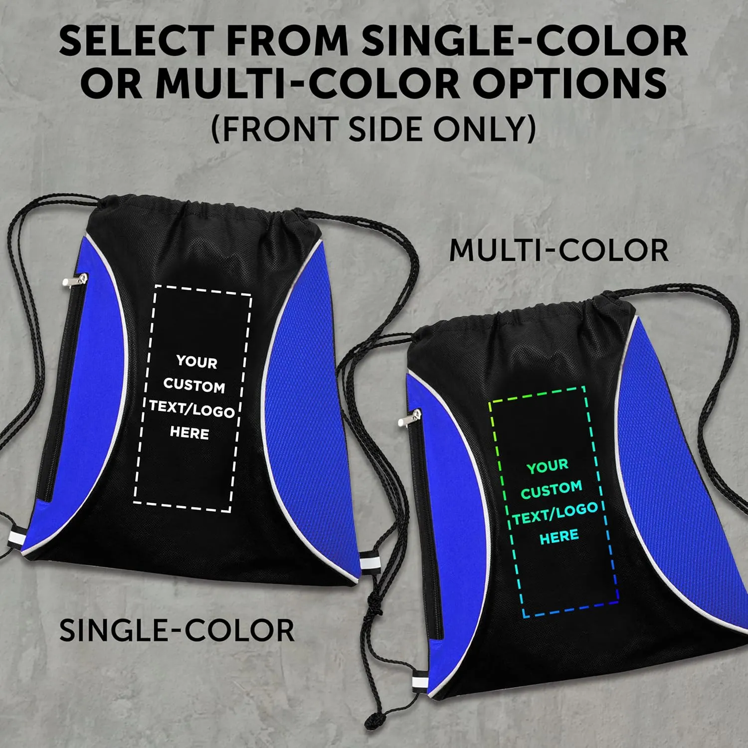 DISCOUNT PROMOS 10 Zipper Side Drawstring Backpacks Set - Customizable Text, Logo - Two tone, Minimalist, Black Ink - Blue