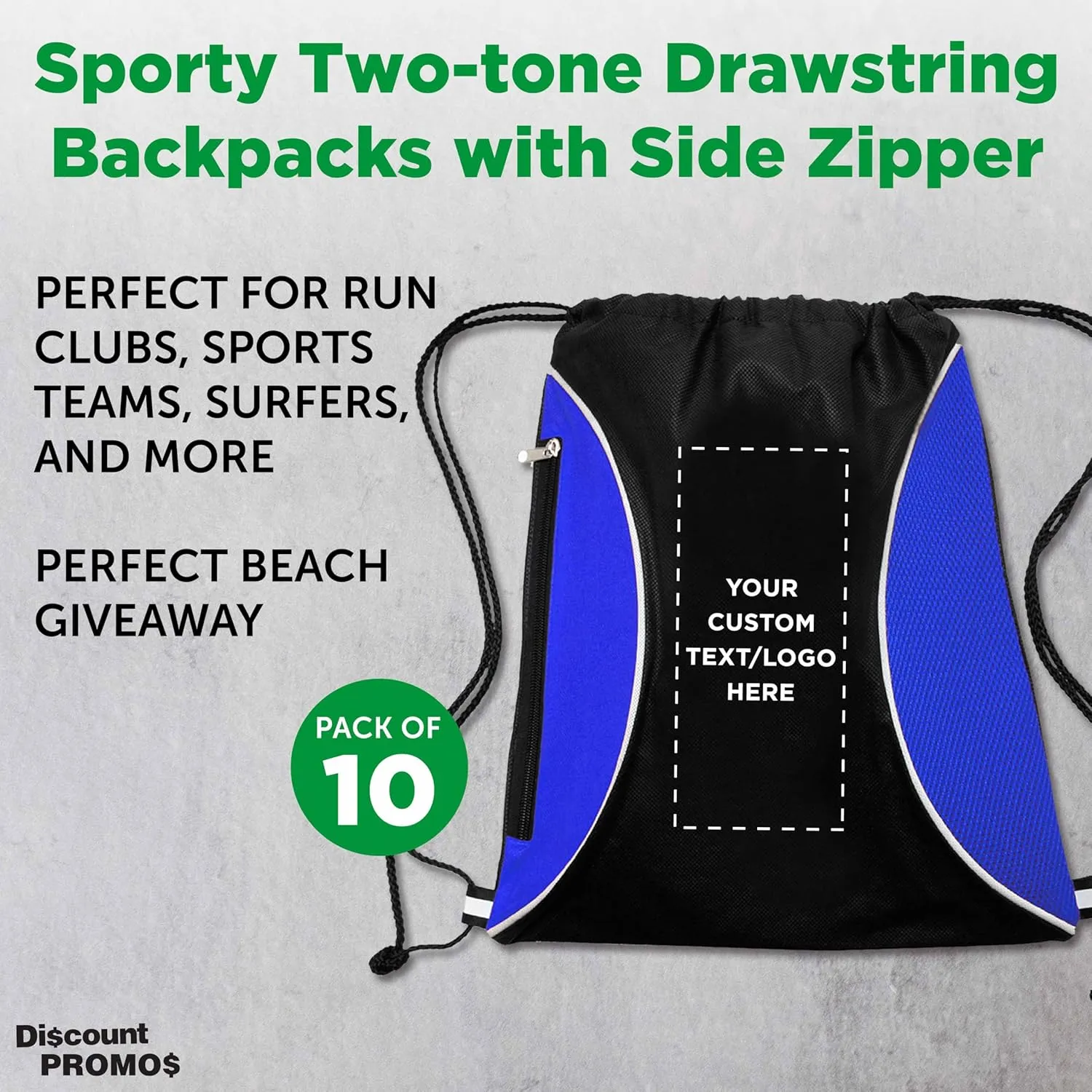 DISCOUNT PROMOS 10 Zipper Side Drawstring Backpacks Set - Customizable Text, Logo - Two tone, Minimalist, Black Ink - Blue