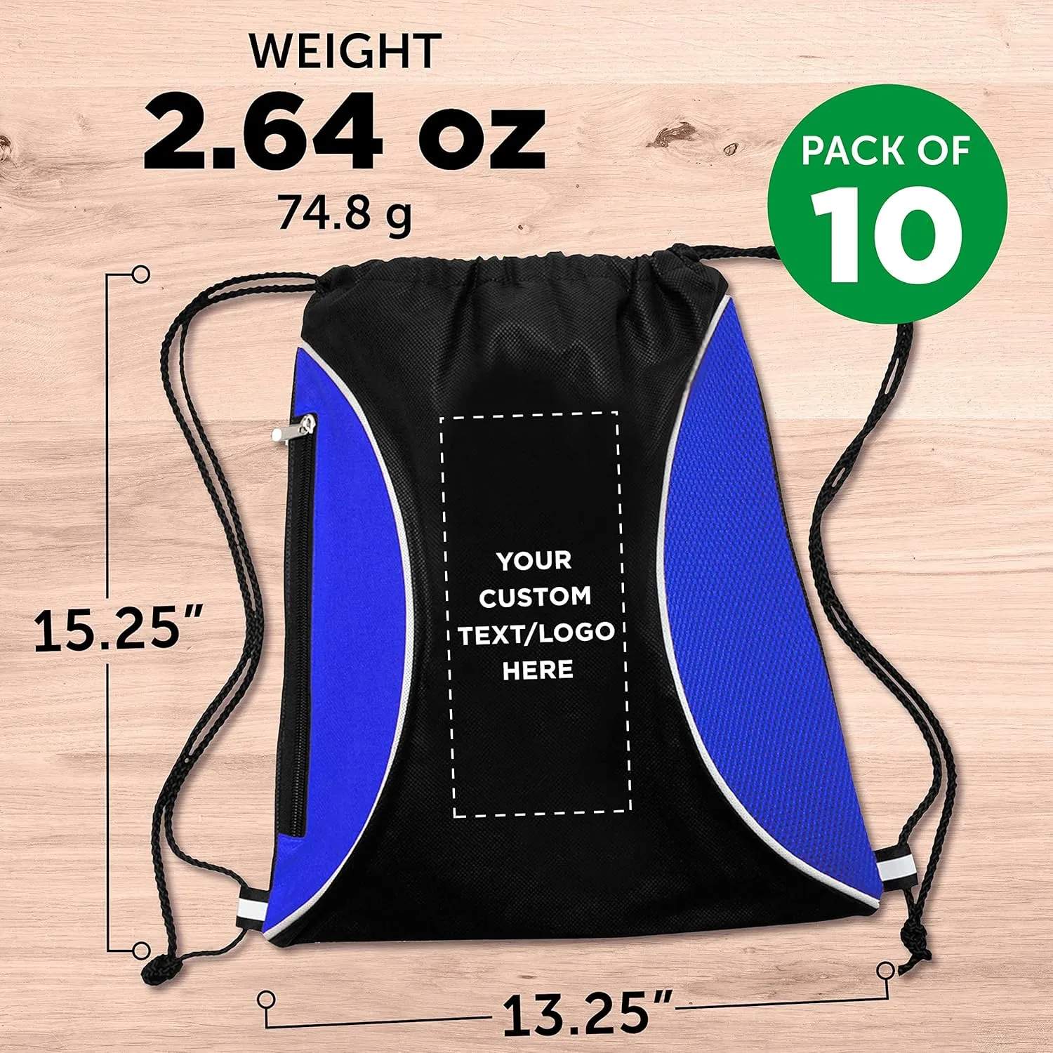 DISCOUNT PROMOS 10 Zipper Side Drawstring Backpacks Set - Customizable Text, Logo - Two tone, Minimalist, Black Ink - Blue