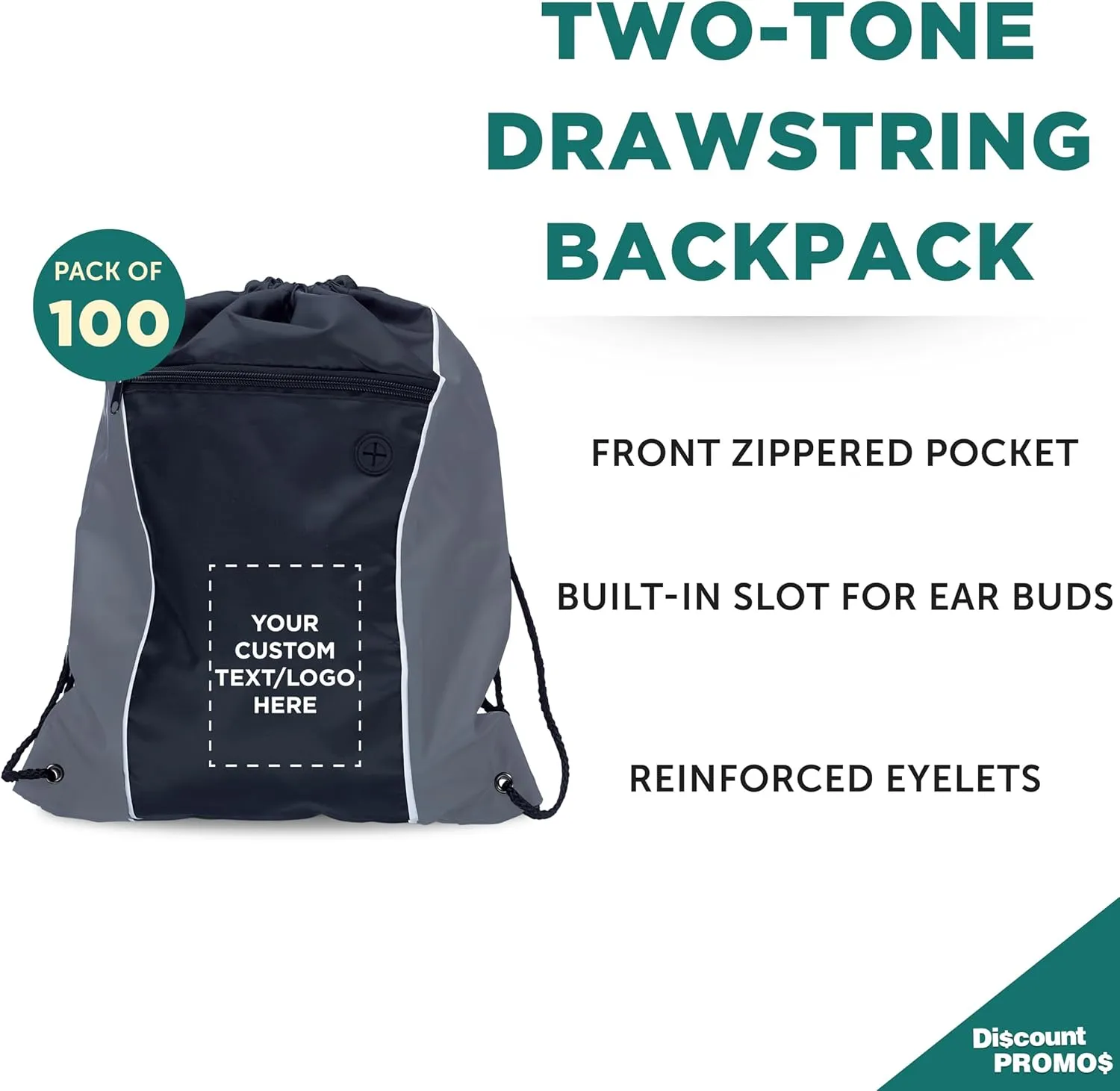DISCOUNT PROMOS Two-Tone Drawstring Backpack Non-Woven - 100 pack - Customizable Text, Logo - Durable Sports Backpacks - Ideal for Work, Sports, Travel, Gym & More - Grey