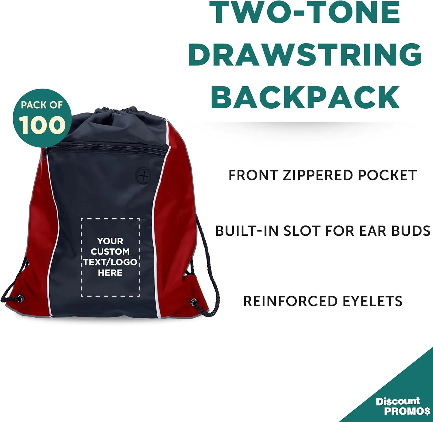 DISCOUNT PROMOS Two-Tone Drawstring Backpack Non-Woven - 100 pack - Customizable Text, Logo - Durable Sports Backpacks - Ideal for Work, Sports, Travel, Gym & More - Red
