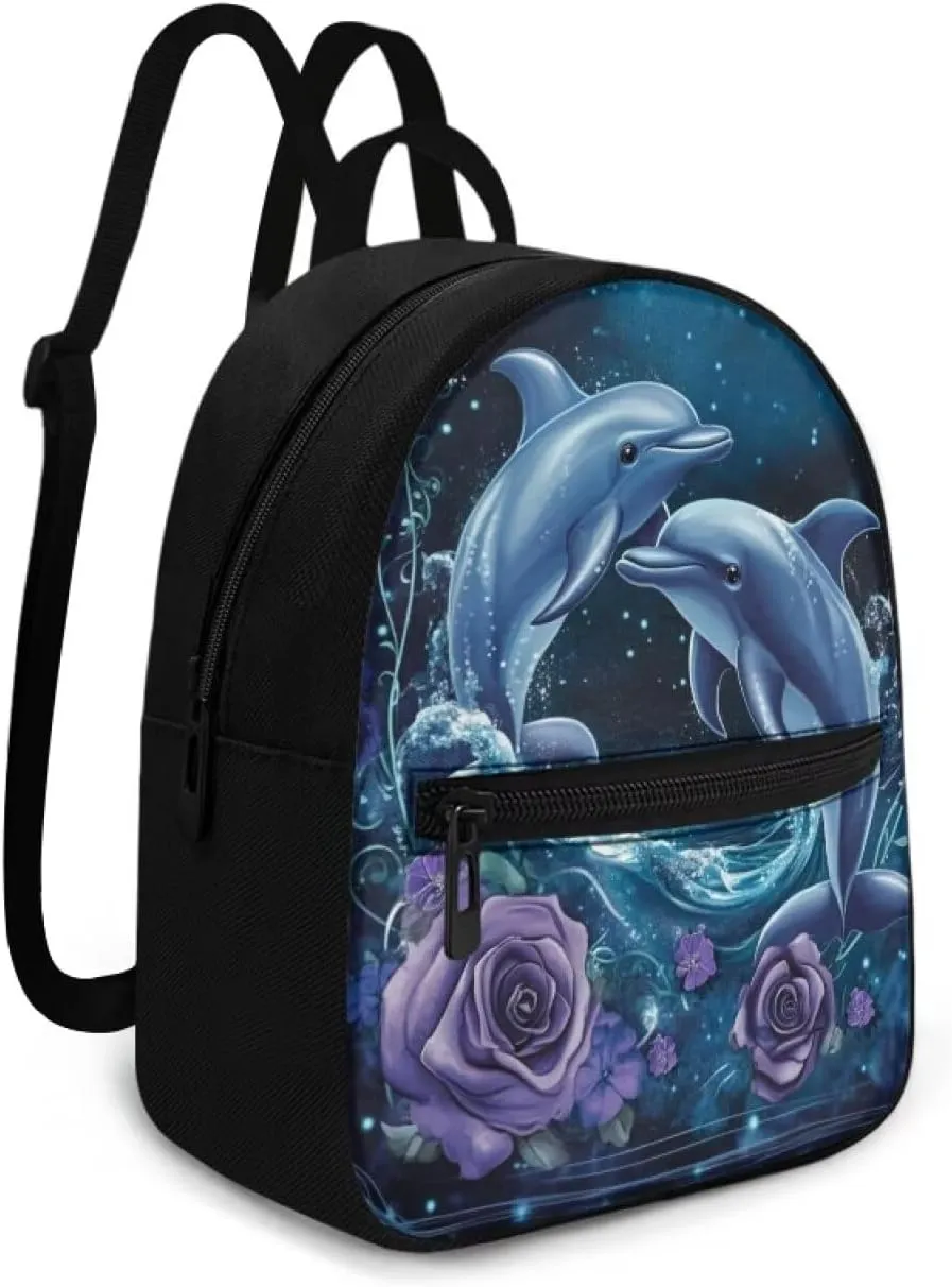 Dolphin Flower Women Fashion Backpack Blue Lightweight Daypack Small Size Durablle Shoulder Bags for Daily Use
