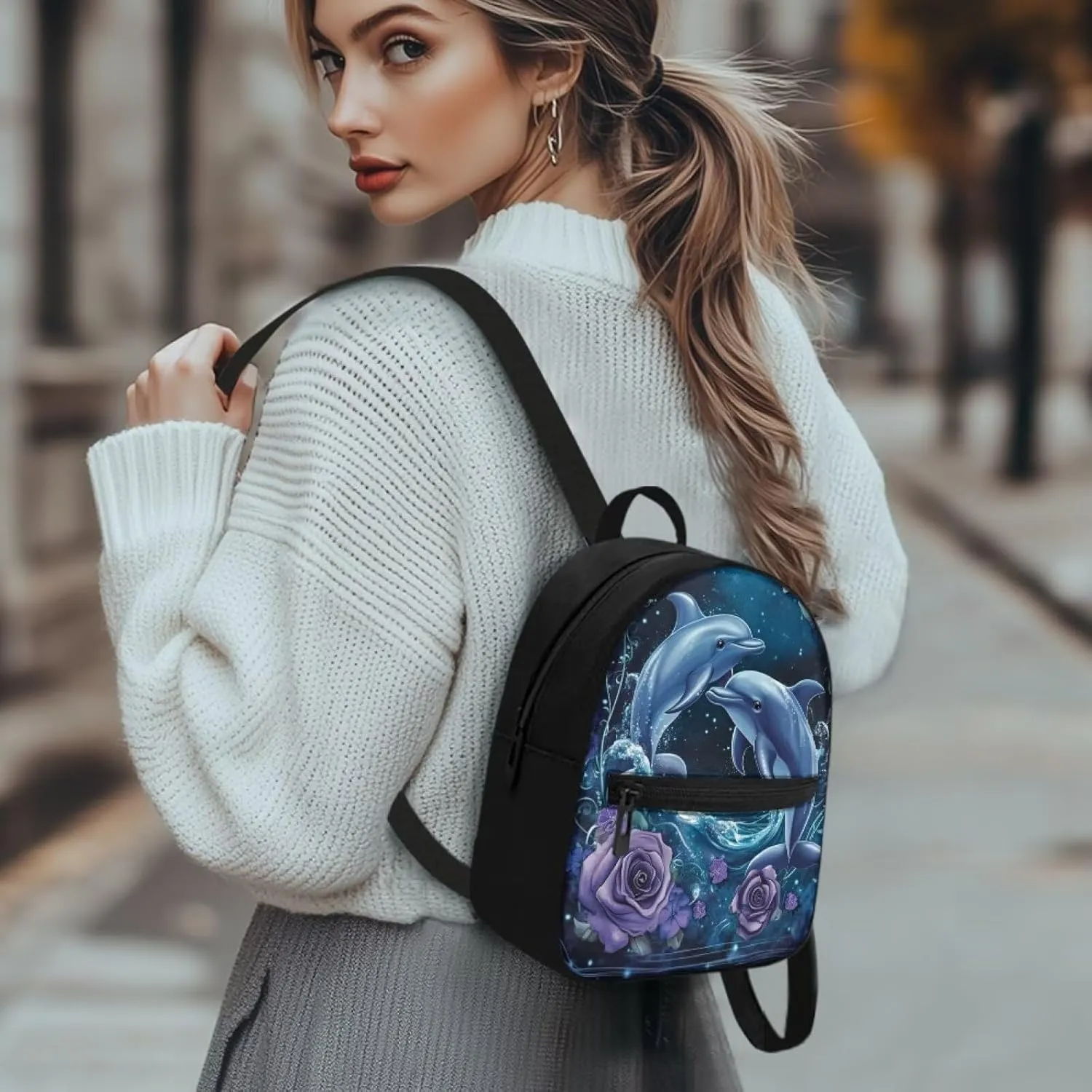 Dolphin Flower Women Fashion Backpack Blue Lightweight Daypack Small Size Durablle Shoulder Bags for Daily Use
