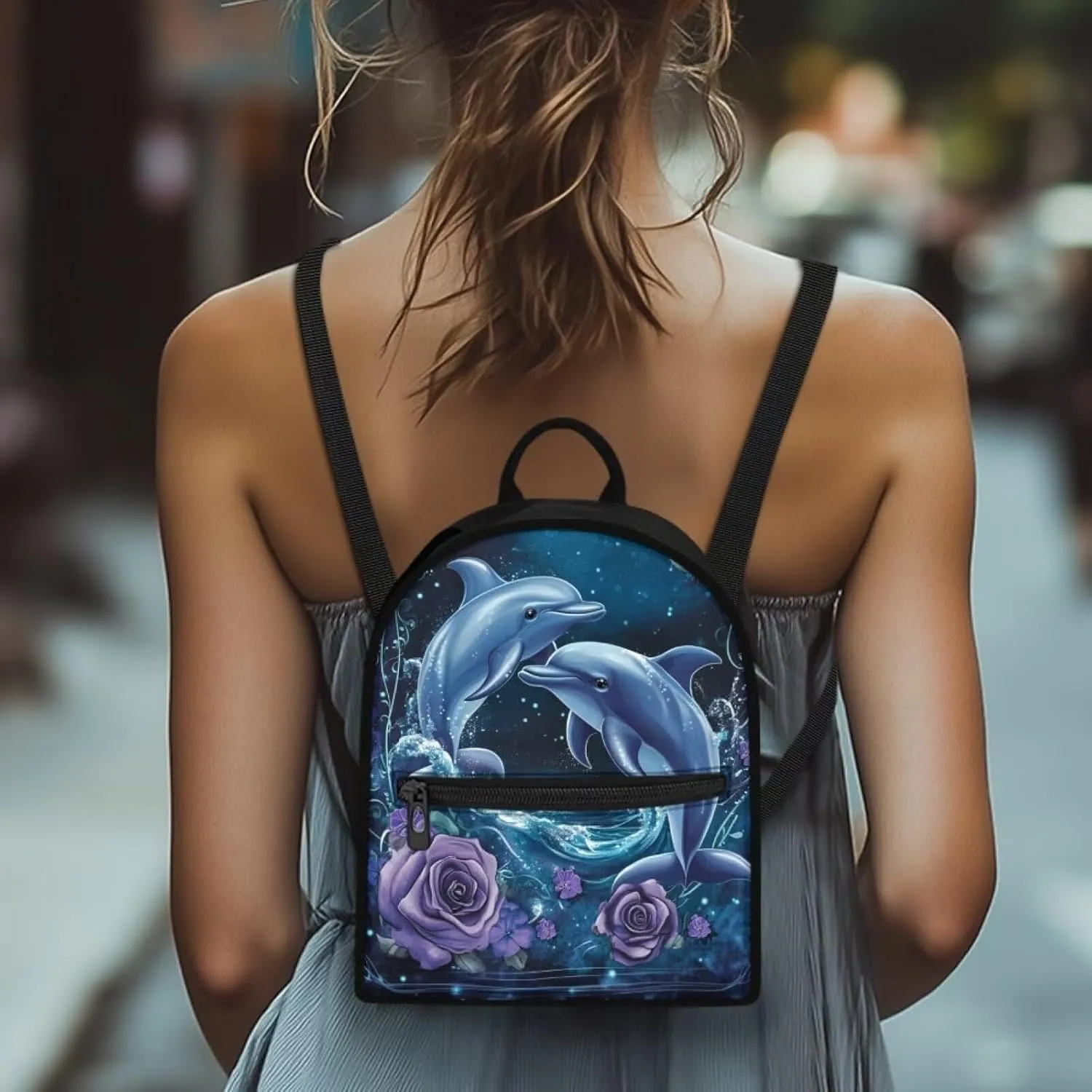 Dolphin Flower Women Fashion Backpack Blue Lightweight Daypack Small Size Durablle Shoulder Bags for Daily Use
