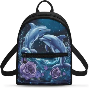 Dolphin Flower Women Fashion Backpack Blue Lightweight Daypack Small Size Durablle Shoulder Bags for Daily Use