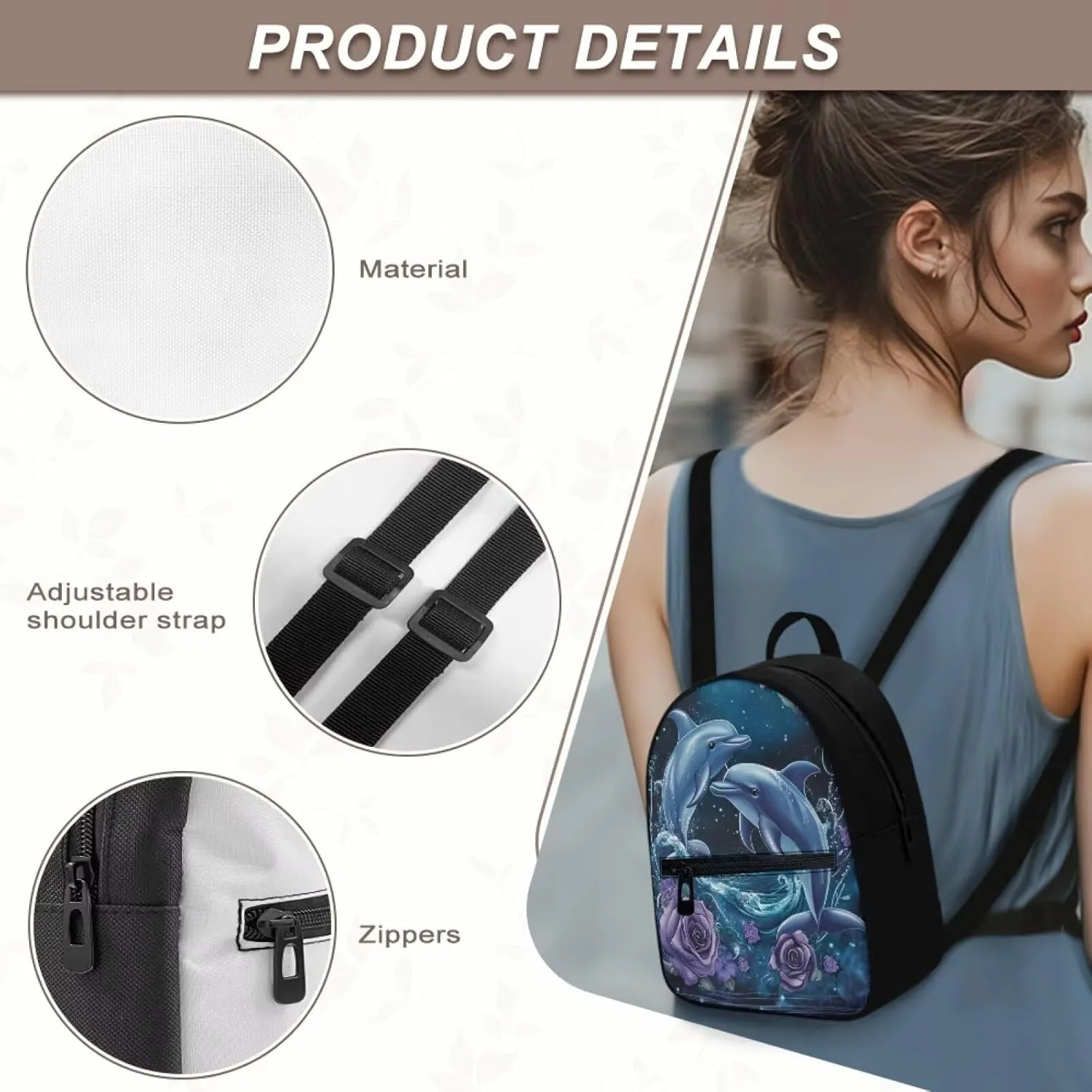 Dolphin Flower Women Fashion Backpack Blue Lightweight Daypack Small Size Durablle Shoulder Bags for Daily Use