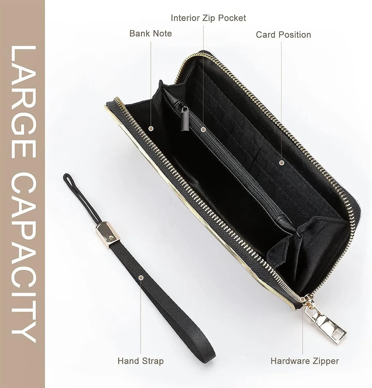 Donnapink Long Clutch Wallet, Long Handbag with Wristlet Strap, PU Leather Zip Purse