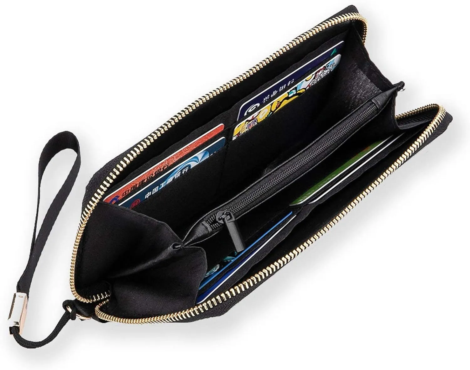 Donnapink Various Snowflakes Set Seamless On Black Long Clutch Wallet, Long Handbag with Removable Wristlet Strap, PU Leather Zip Purse, Credit Pass Case Card-Holder for Men Women
