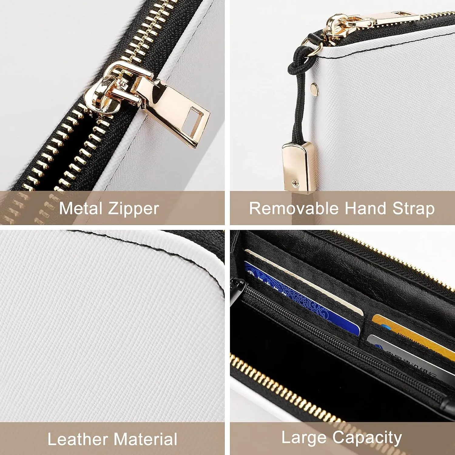 Donnapink Various Snowflakes Set Seamless On Black Long Clutch Wallet, Long Handbag with Removable Wristlet Strap, PU Leather Zip Purse, Credit Pass Case Card-Holder for Men Women