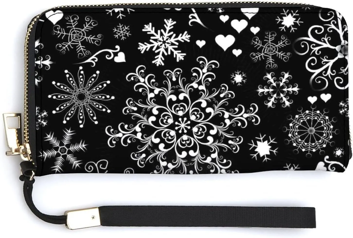 Donnapink Various Snowflakes Set Seamless On Black Long Clutch Wallet, Long Handbag with Removable Wristlet Strap, PU Leather Zip Purse, Credit Pass Case Card-Holder for Men Women