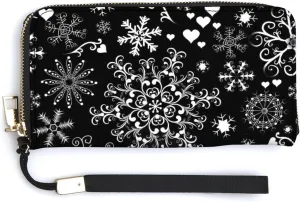Donnapink Various Snowflakes Set Seamless On Black Long Clutch Wallet, Long Handbag with Removable Wristlet Strap, PU Leather Zip Purse, Credit Pass Case Card-Holder for Men Women