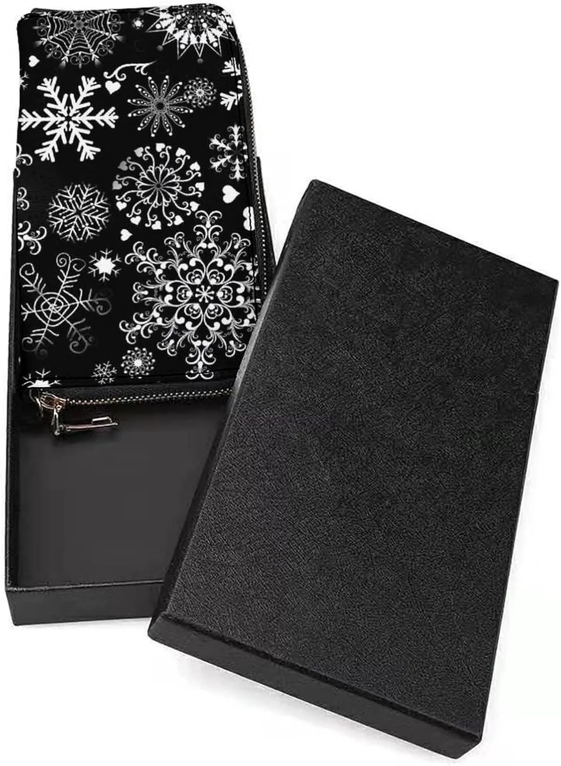 Donnapink Various Snowflakes Set Seamless On Black Long Clutch Wallet, Long Handbag with Removable Wristlet Strap, PU Leather Zip Purse, Credit Pass Case Card-Holder for Men Women