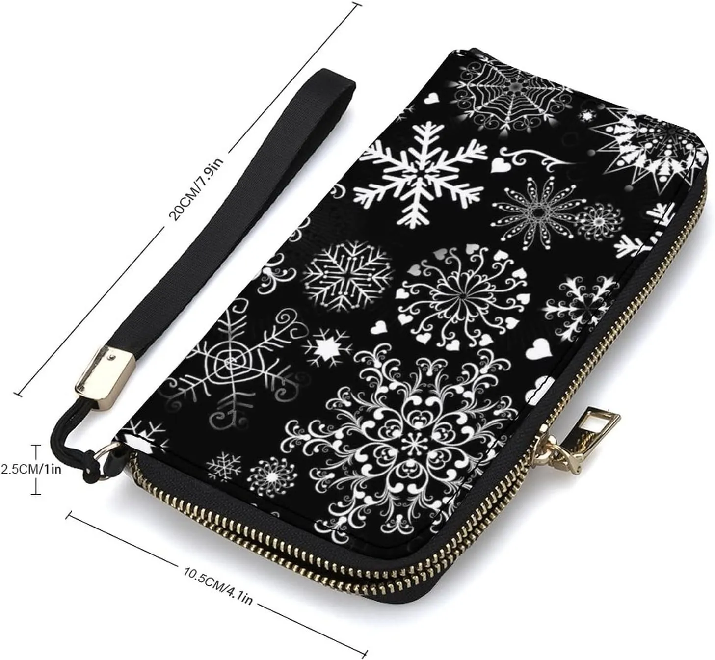 Donnapink Various Snowflakes Set Seamless On Black Long Clutch Wallet, Long Handbag with Removable Wristlet Strap, PU Leather Zip Purse, Credit Pass Case Card-Holder for Men Women