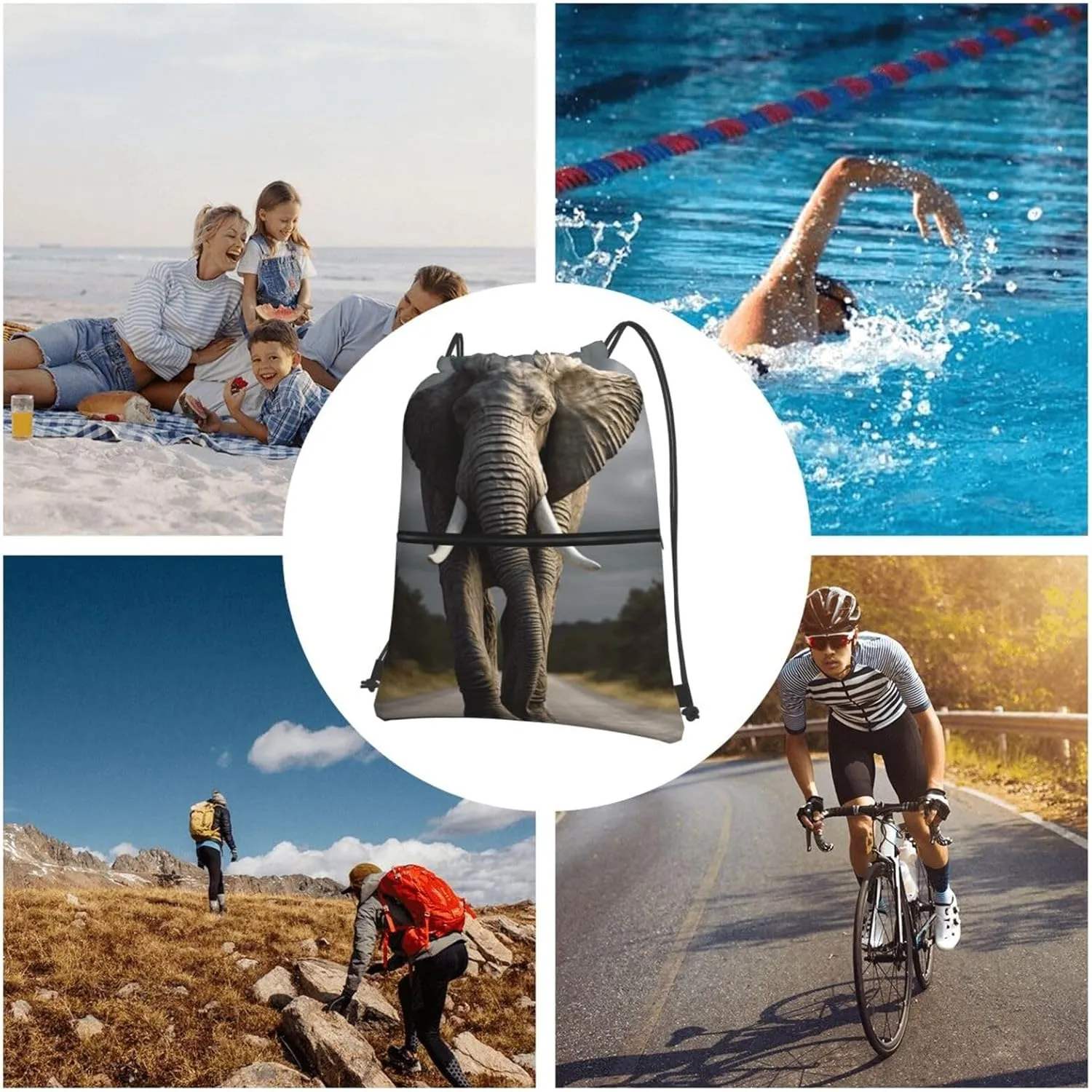 Drawstring Backpack Sports Gym Bags 3D Elephant Drawstring Bags for Men Women Beach Bag String Bag
