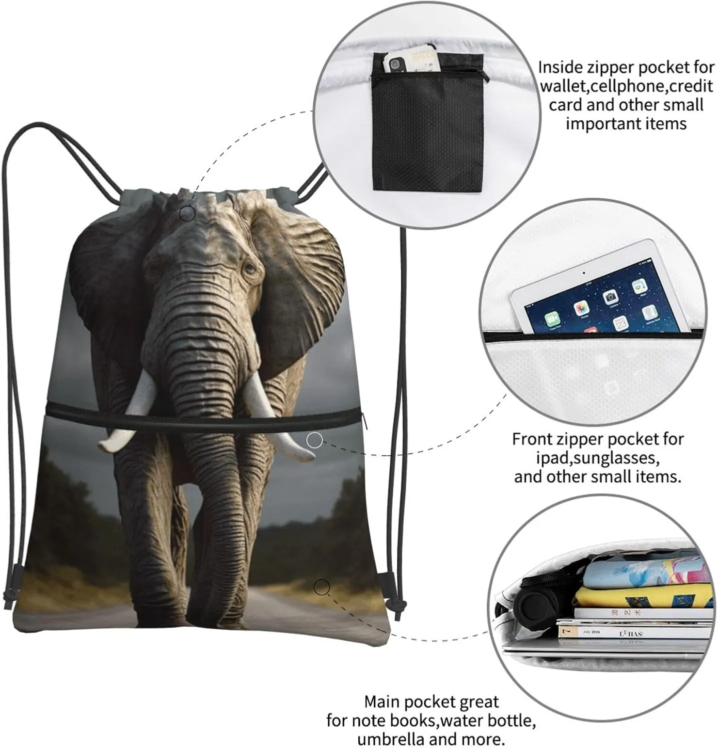 Drawstring Backpack Sports Gym Bags 3D Elephant Drawstring Bags for Men Women Beach Bag String Bag