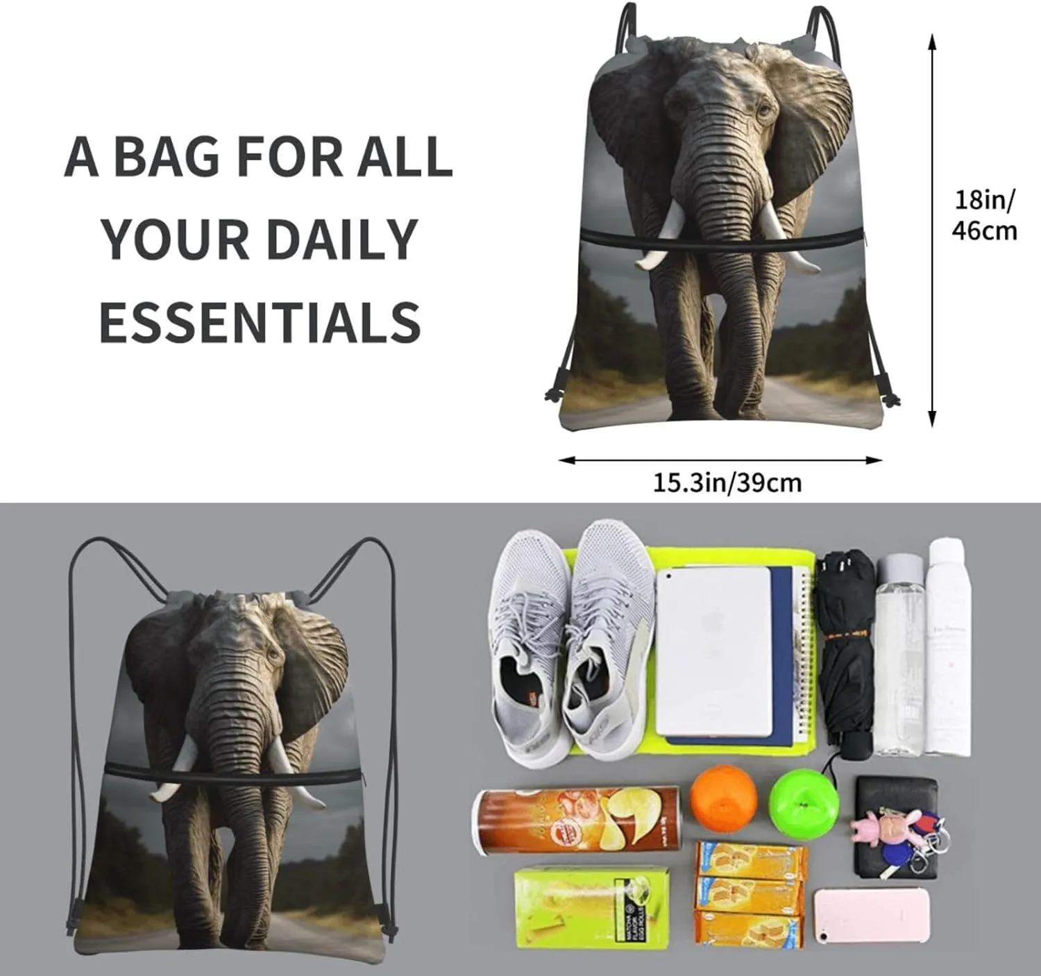 Drawstring Backpack Sports Gym Bags 3D Elephant Drawstring Bags for Men Women Beach Bag String Bag