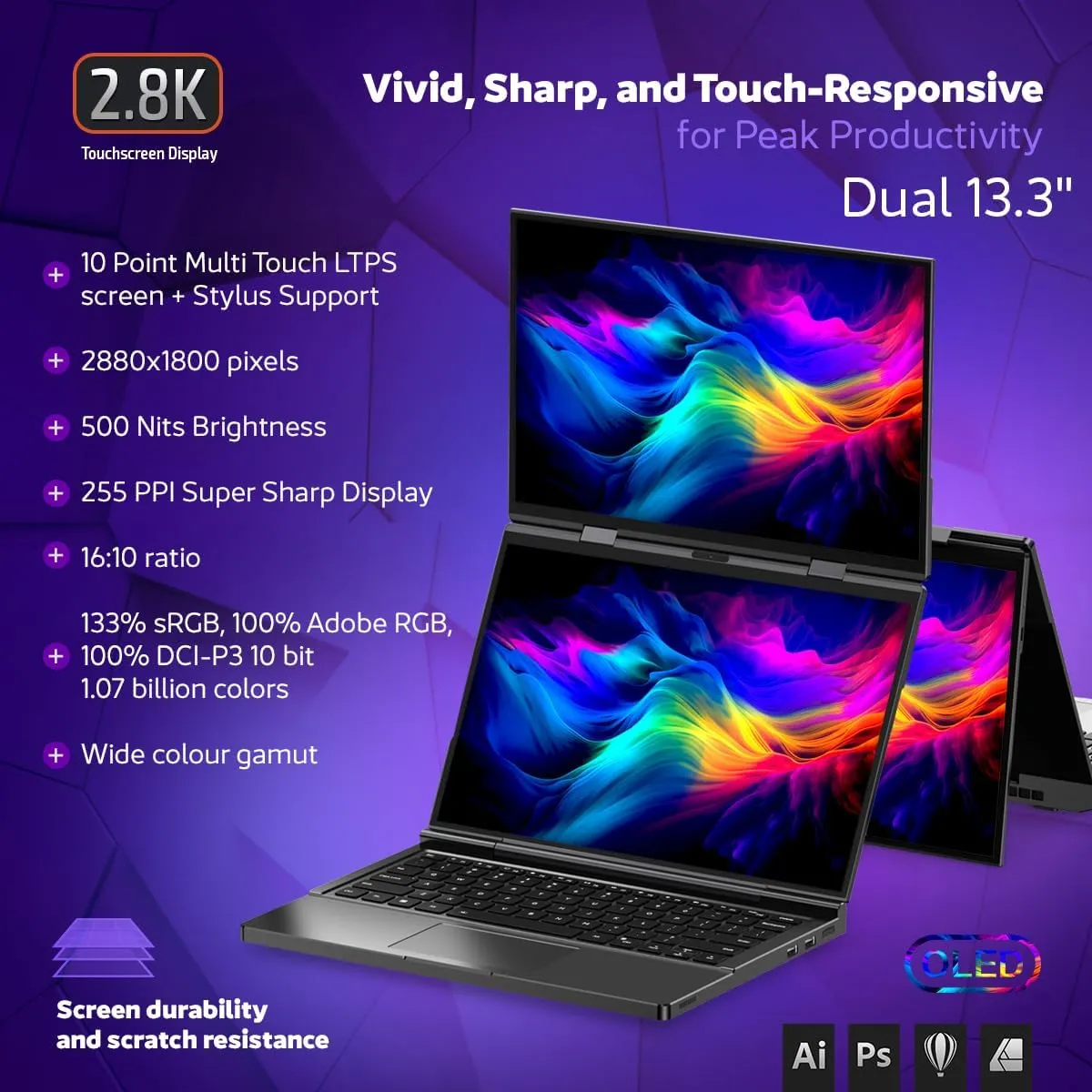 Duo Dual-Screen Laptop: 13.3" OLED Displays, AMD Ryzen AI 9 HX 370, 32GB RAM, 1TB SSD, Stylus Support, 10-Point Touch, 4096 Pressure Levels, Dual 360° Hinge, AI PC