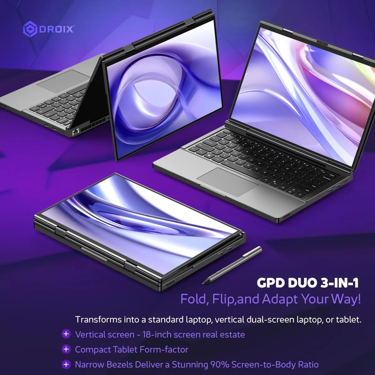 Duo Dual-Screen Laptop: 13.3" OLED Displays, AMD Ryzen AI 9 HX 370, 32GB RAM, 1TB SSD, Stylus Support, 10-Point Touch, 4096 Pressure Levels, Dual 360° Hinge, AI PC