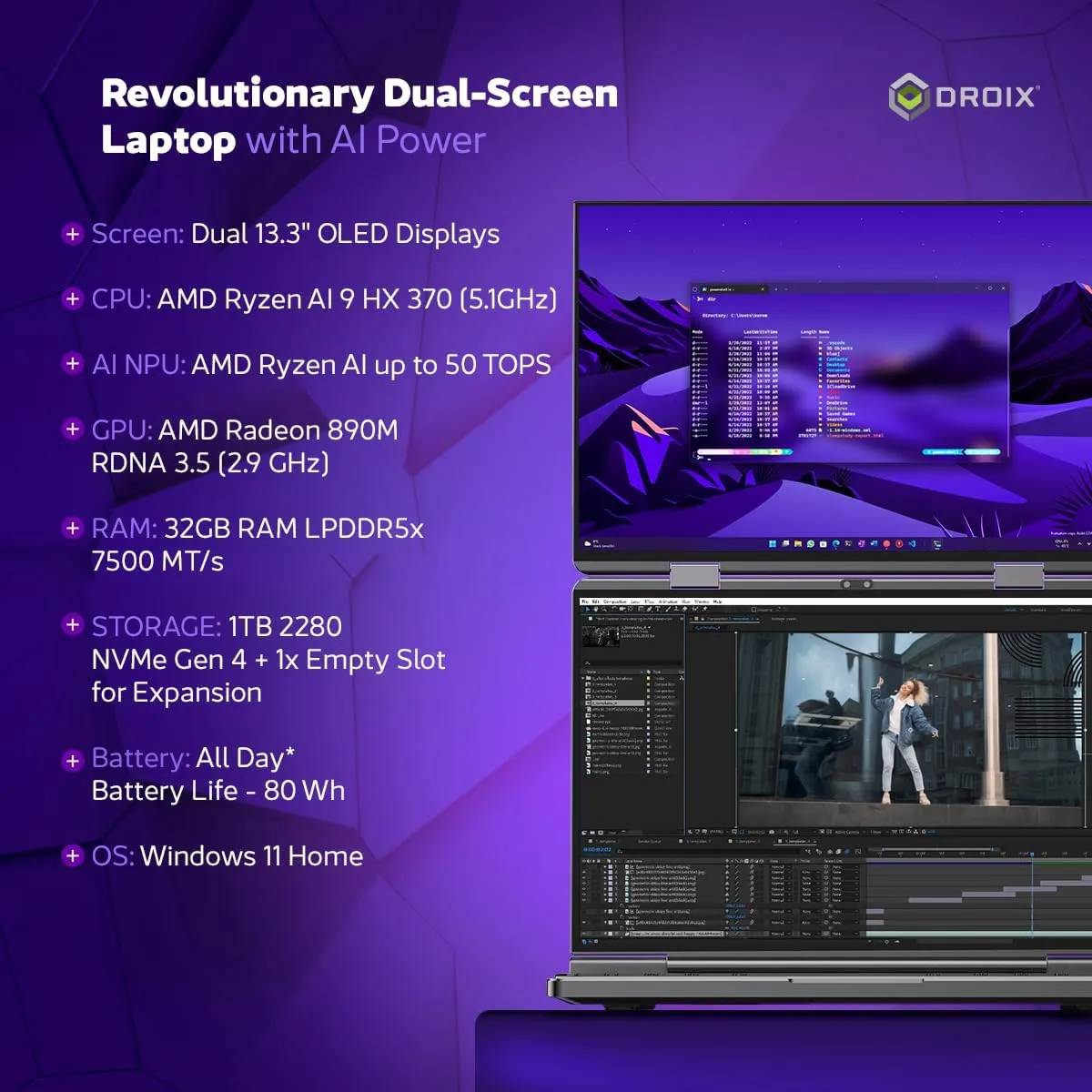 Duo Dual-Screen Laptop: 13.3" OLED Displays, AMD Ryzen AI 9 HX 370, 32GB RAM, 1TB SSD, Stylus Support, 10-Point Touch, 4096 Pressure Levels, Dual 360° Hinge, AI PC