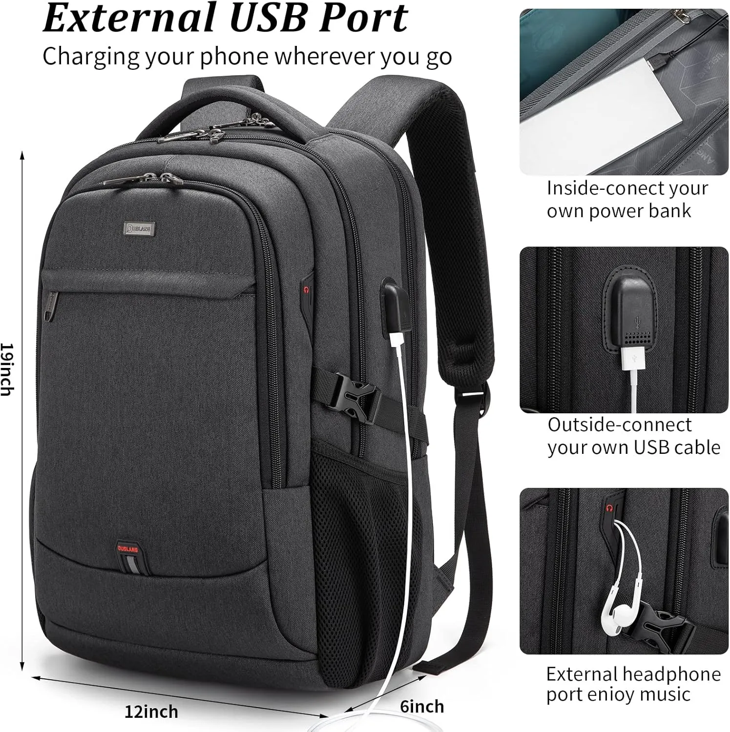 DUSLANG 17 Inch Laptop Backpack for Travel Water Resistant College Backpack for Men/Women Laptop Bag with USB Charging Port and Storage Bag Underwear Sock Storage Bag, Black