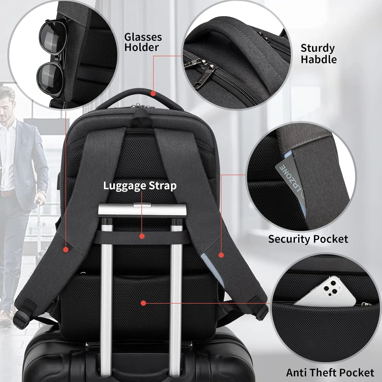 DUSLANG 17 Inch Laptop Backpack for Travel Water Resistant College Backpack for Men/Women Laptop Bag with USB Charging Port and Storage Bag Underwear Sock Storage Bag, Black