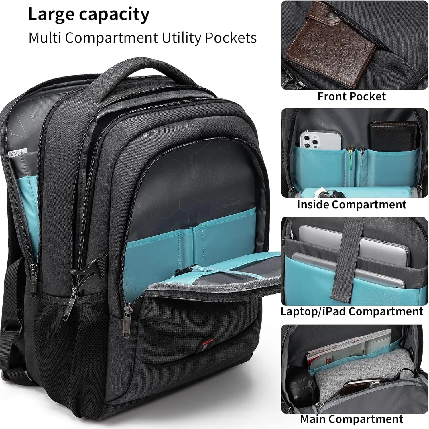 DUSLANG 17 Inch Laptop Backpack for Travel Water Resistant College Backpack for Men/Women Laptop Bag with USB Charging Port and Storage Bag Underwear Sock Storage Bag, Black