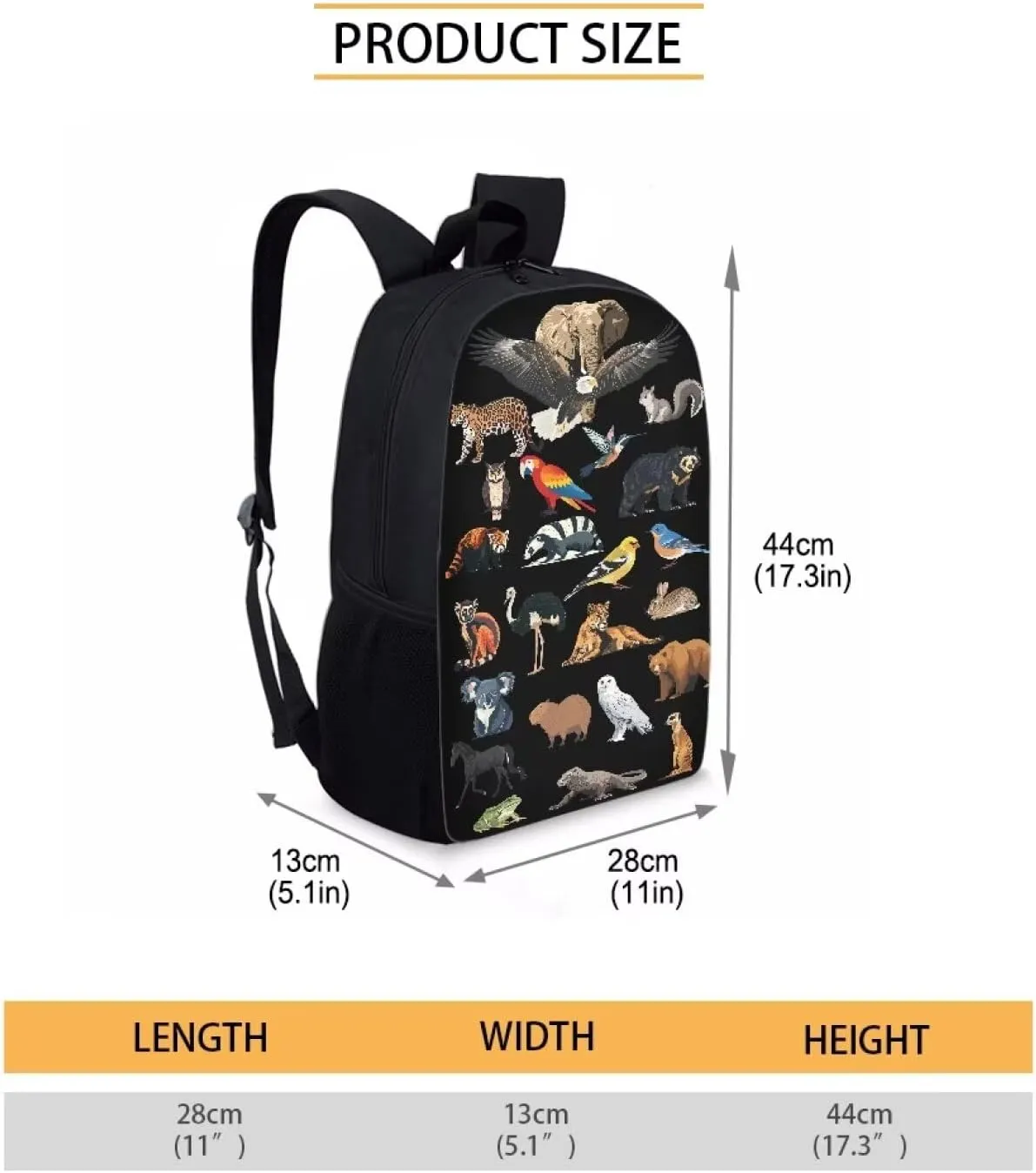 Eagle Macaw Horse Iguana Print Kids Backpack for Boys Girls Elementary Cute Zoo Animal School Bag 17 inch Multifunctional Large Capacity Durable Travel Backpack