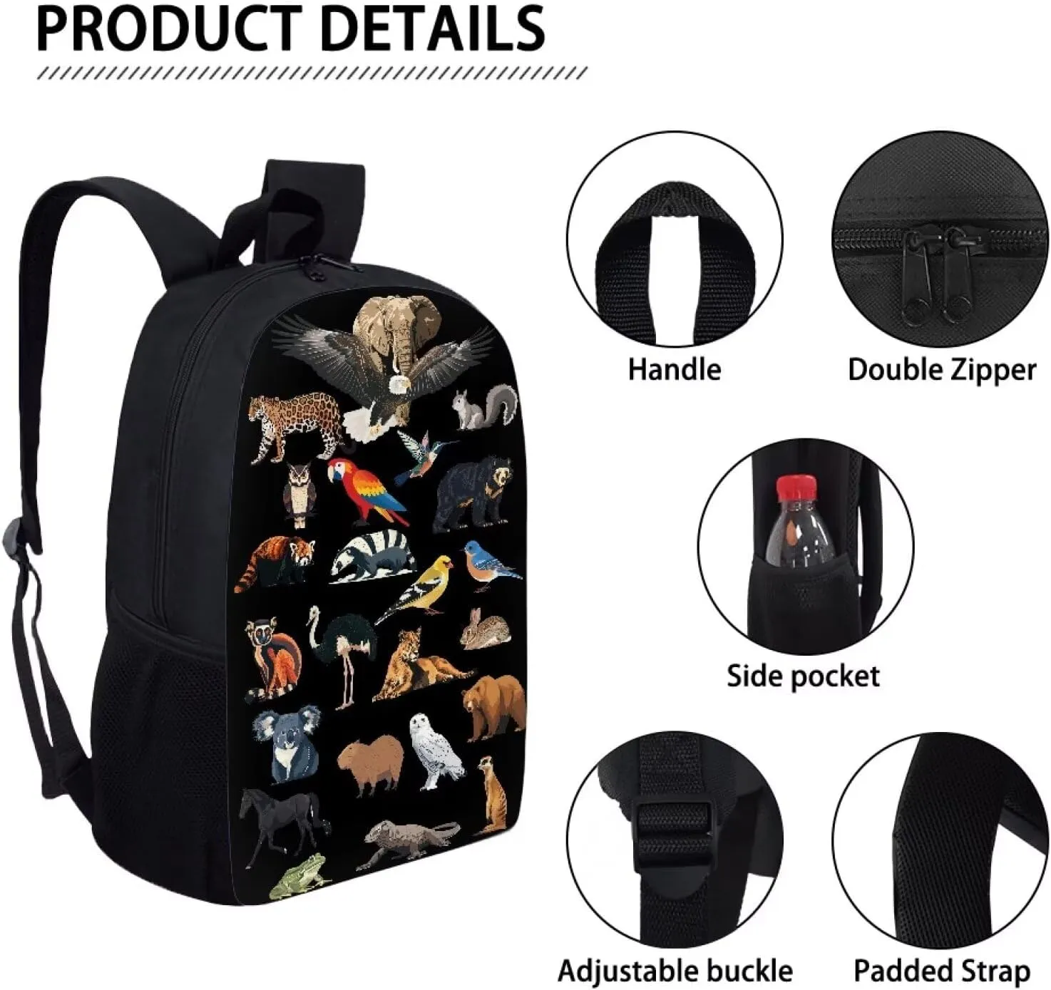 Eagle Macaw Horse Iguana Print Kids Backpack for Boys Girls Elementary Cute Zoo Animal School Bag 17 inch Multifunctional Large Capacity Durable Travel Backpack