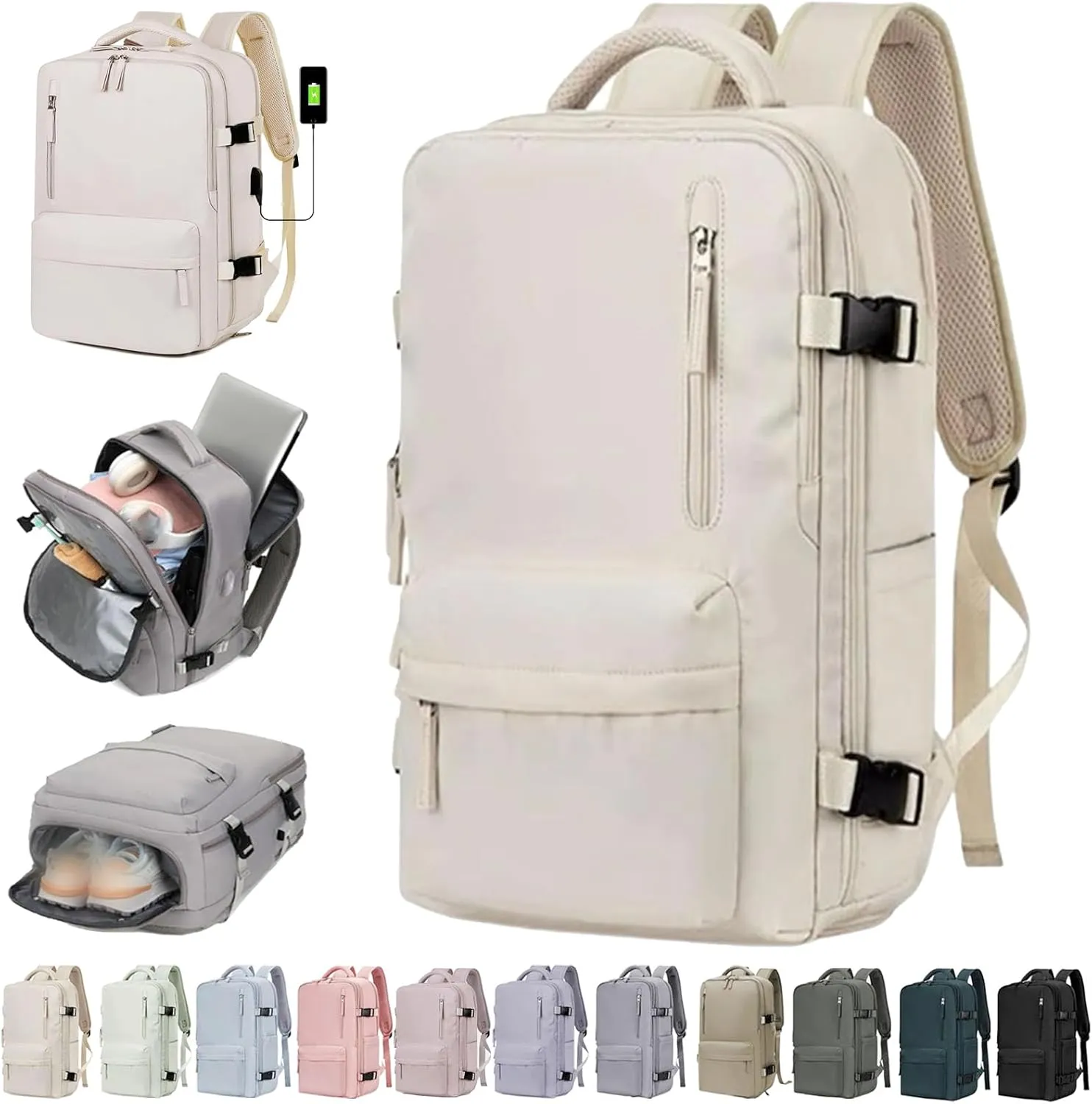Easypacker Travel Backpack, Easy Packer Travel Backpack, 180° All-Open Design, Waterproof, with USB Charging (Beige)