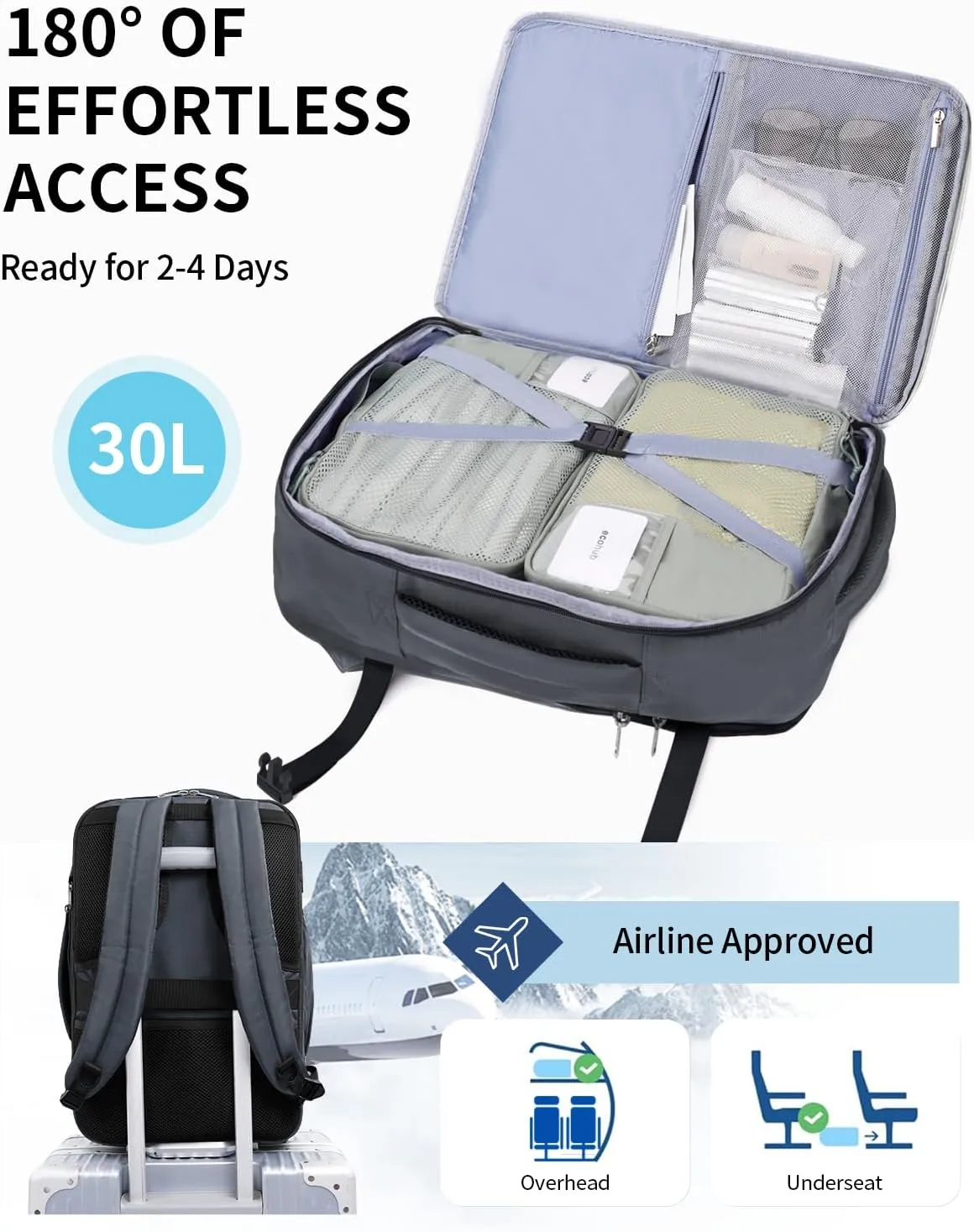 ECOHUB Carry On Travel Backpack, Expandable Airlines Personal Item Bag 18x14x8, Water Resistant 17 inch Laptop Backpack Flight Approved, 12 Pockets 30L Work Backpacks with Wet Pocket & Cable Slot