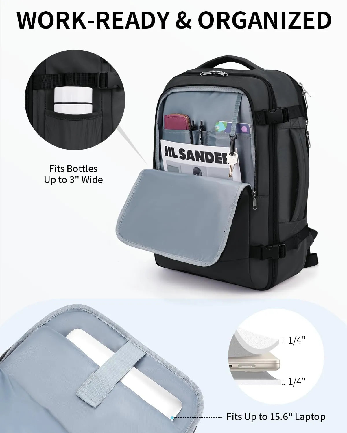 ECOHUB Carry On Travel Backpack, Expandable Airlines Personal Item Bag 18x14x8, Water Resistant 17 inch Laptop Backpack Flight Approved, 12 Pockets 30L Work Backpacks with Wet Pocket & Cable Slot