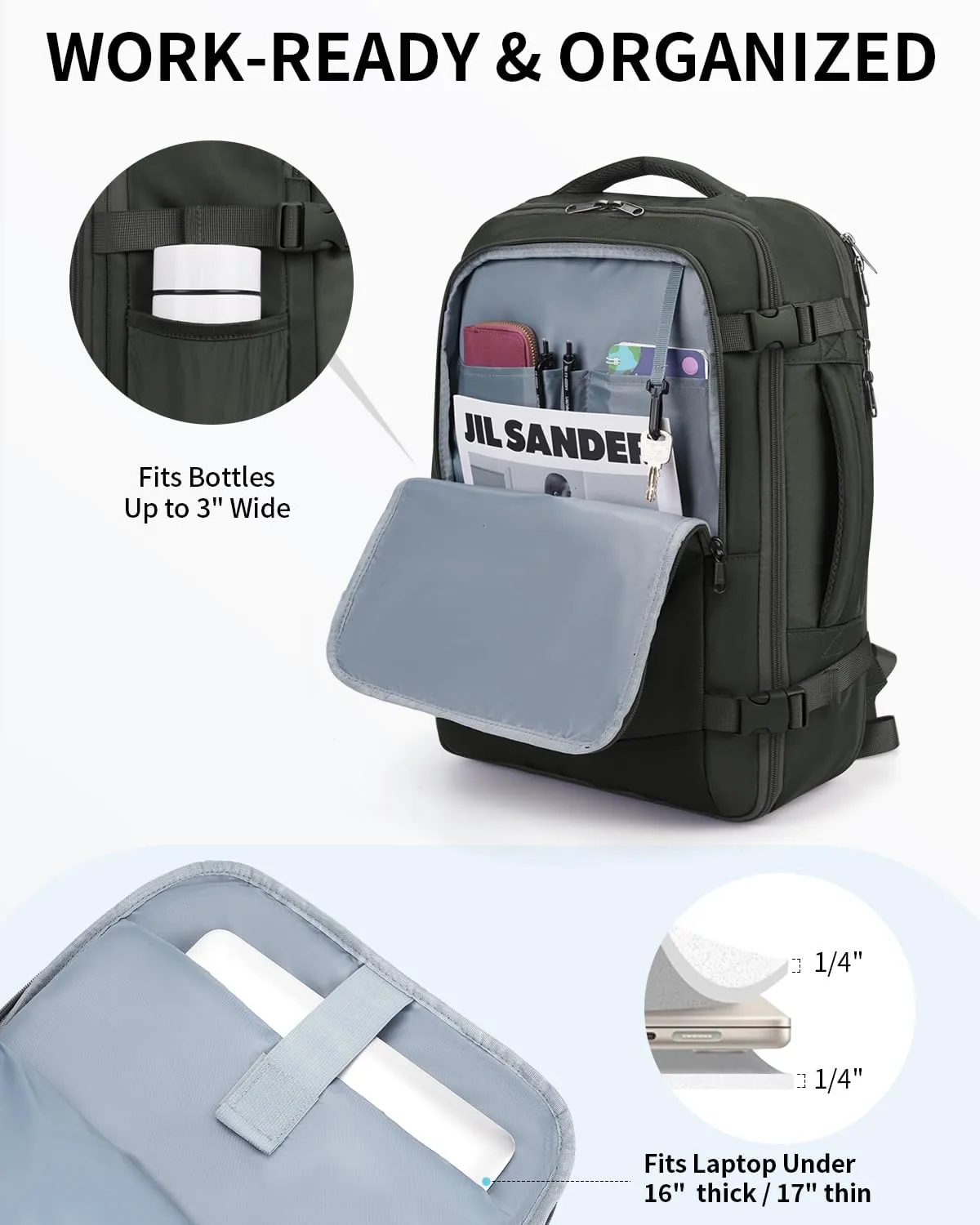 ECOHUB Carry On Travel Backpack, Expandable Airlines Personal Item Bag 18x14x8, Water Resistant 17 inch Laptop Backpack Flight Approved, 12 Pockets 30L Work Backpacks with Wet Pocket & Cable Slot