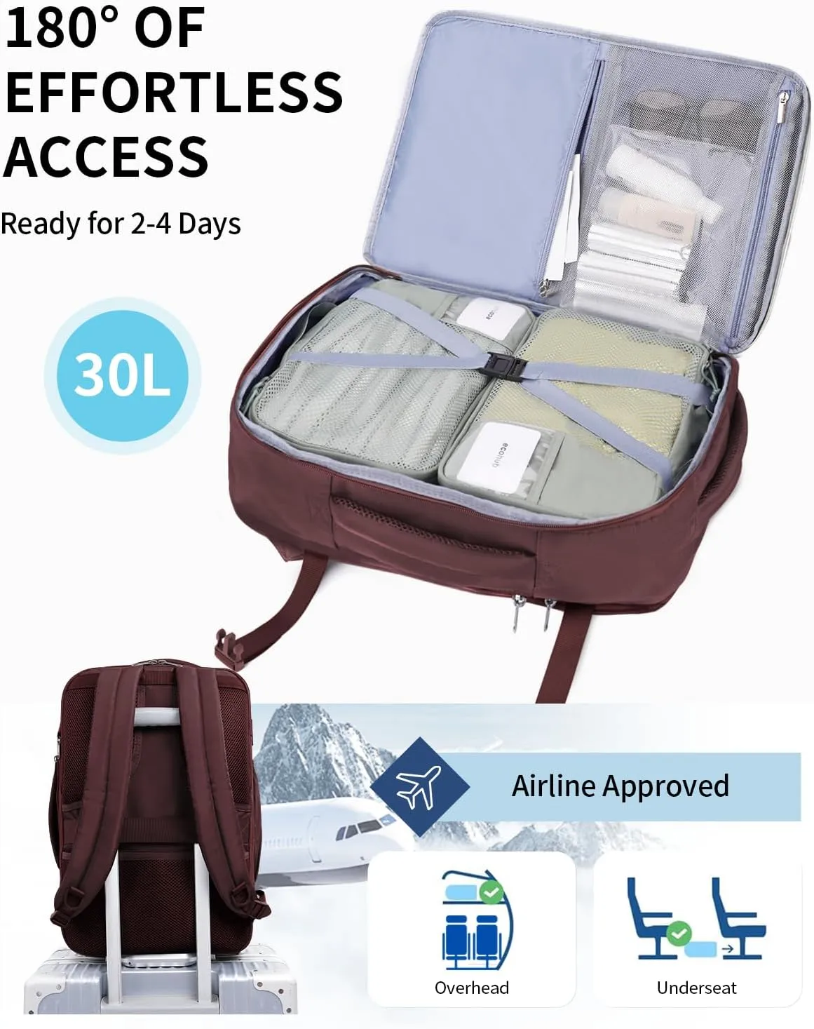 ECOHUB Carry On Travel Backpack, Expandable Airlines Personal Item Bag 18x14x8, Water Resistant 17 inch Laptop Backpack Flight Approved, 12 Pockets 30L Work Backpacks with Wet Pocket & Cable Slot