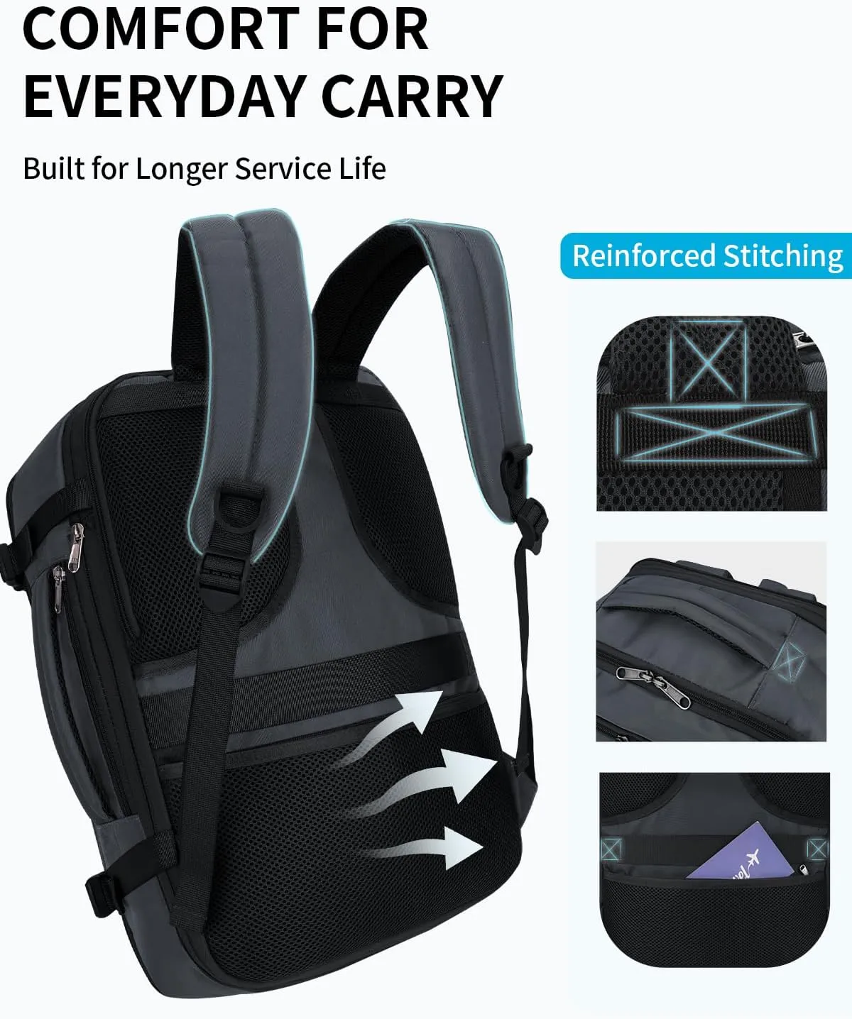 ECOHUB Carry On Travel Backpack, Expandable Airlines Personal Item Bag 18x14x8, Water Resistant 17 inch Laptop Backpack Flight Approved, 12 Pockets 30L Work Backpacks with Wet Pocket & Cable Slot