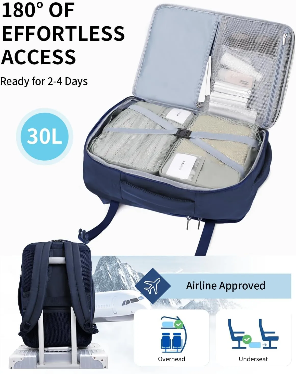 ECOHUB Carry On Travel Backpack, Expandable Airlines Personal Item Bag 18x14x8, Water Resistant 17 inch Laptop Backpack Flight Approved, 12 Pockets 30L Work Backpacks with Wet Pocket & Cable Slot