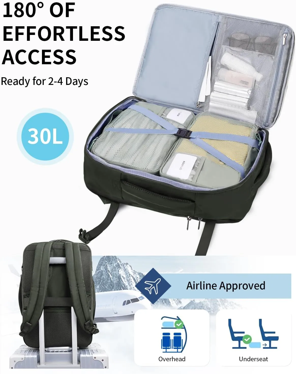 ECOHUB Carry On Travel Backpack, Expandable Airlines Personal Item Bag 18x14x8, Water Resistant 17 inch Laptop Backpack Flight Approved, 12 Pockets 30L Work Backpacks with Wet Pocket & Cable Slot
