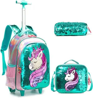Egchescebo School Kids Rolling Backpack for Girls 3PCS With Trolley Wheeled Backpacks