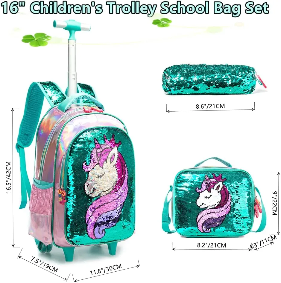 Egchescebo School Kids Rolling Backpack for Girls 3PCS With Trolley Wheeled Backpacks
