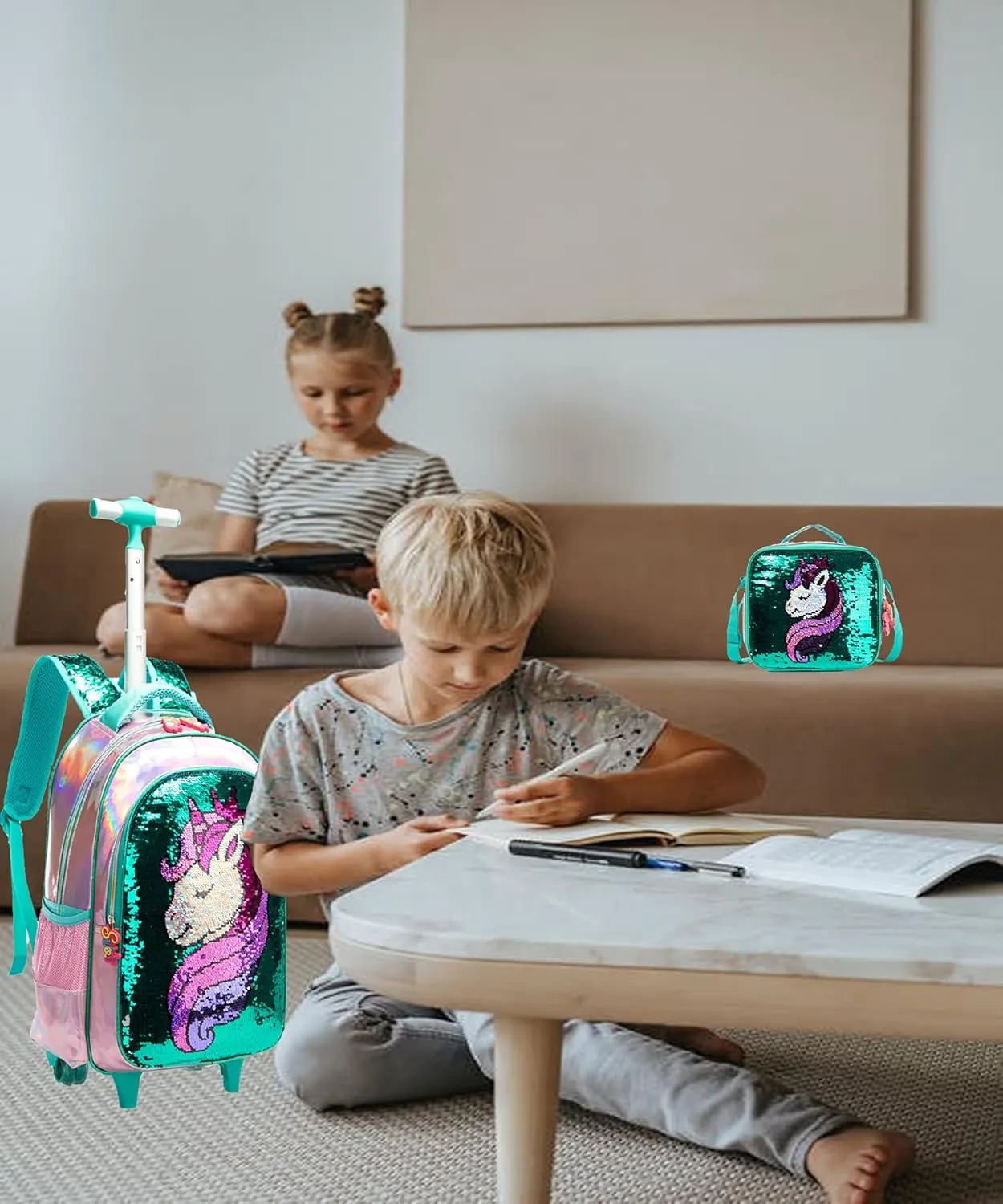 Egchescebo School Kids Rolling Backpack for Girls 3PCS With Trolley Wheeled Backpacks
