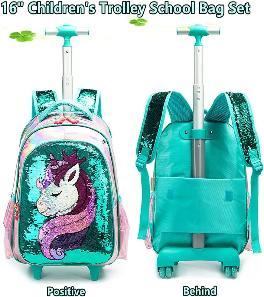 Egchescebo School Kids Rolling Backpack for Girls 3PCS With Trolley Wheeled Backpacks