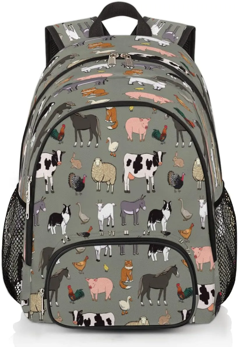 Elementary School Bags for Teens, Cute Cow Kids Backpacks Farm Animals Rooster Cow Lightweight Bookbags Waterproof Sturdy Schoolbag Daypack for Girls Boys