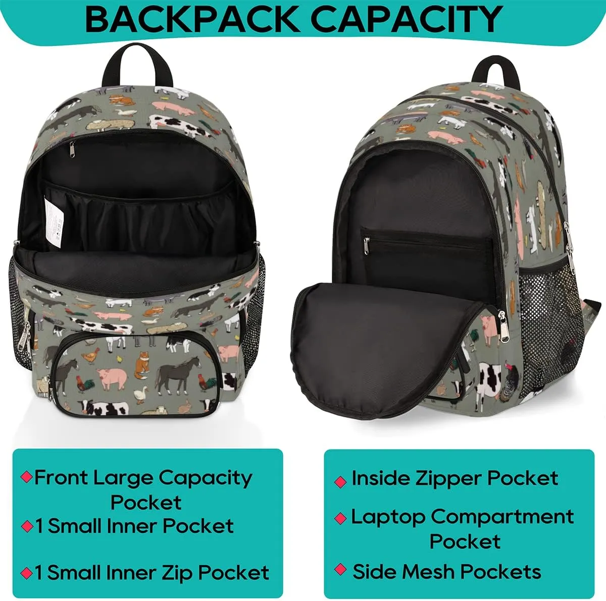 Elementary School Bags for Teens, Cute Cow Kids Backpacks Farm Animals Rooster Cow Lightweight Bookbags Waterproof Sturdy Schoolbag Daypack for Girls Boys