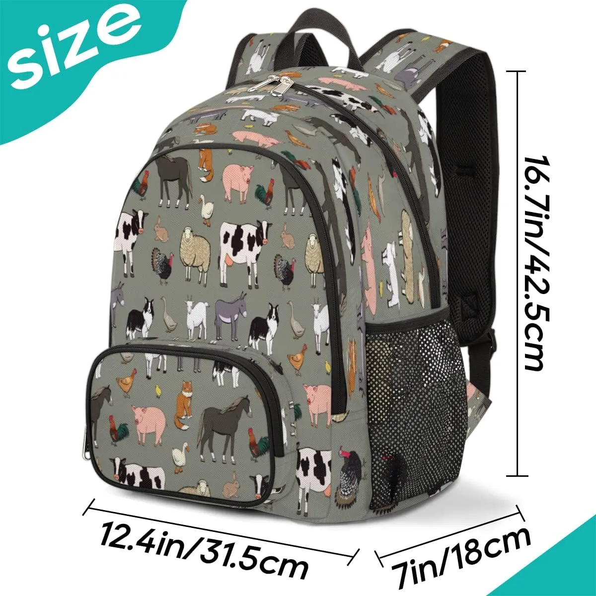Elementary School Bags for Teens, Cute Cow Kids Backpacks Farm Animals Rooster Cow Lightweight Bookbags Waterproof Sturdy Schoolbag Daypack for Girls Boys